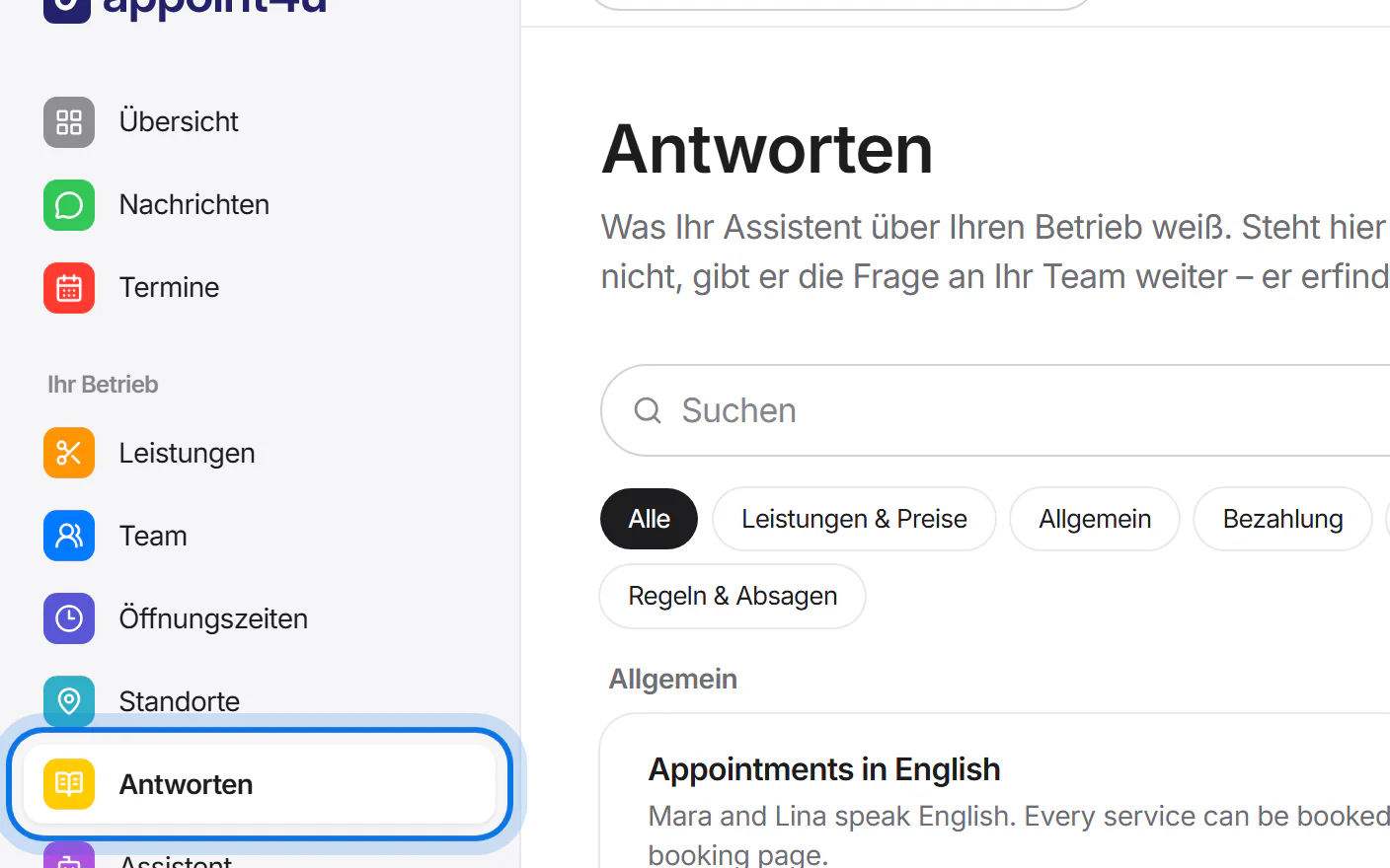 Menü des Kundenbereichs, der Eintrag „Antworten“ ist markiert.