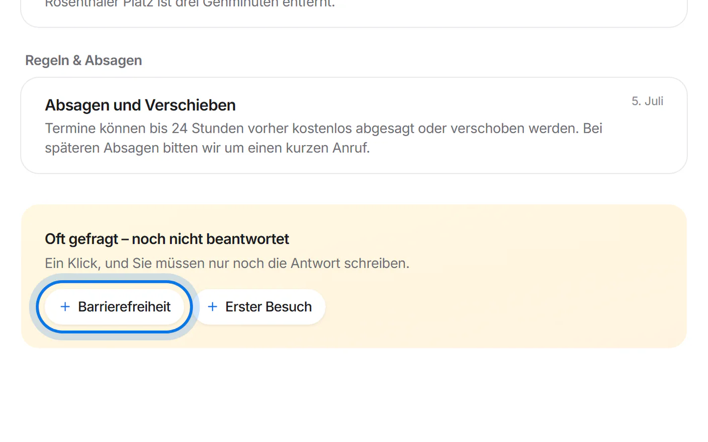 Bereich „Oft gefragt – noch nicht beantwortet“, das Thema „Barrierefreiheit“ ist markiert.