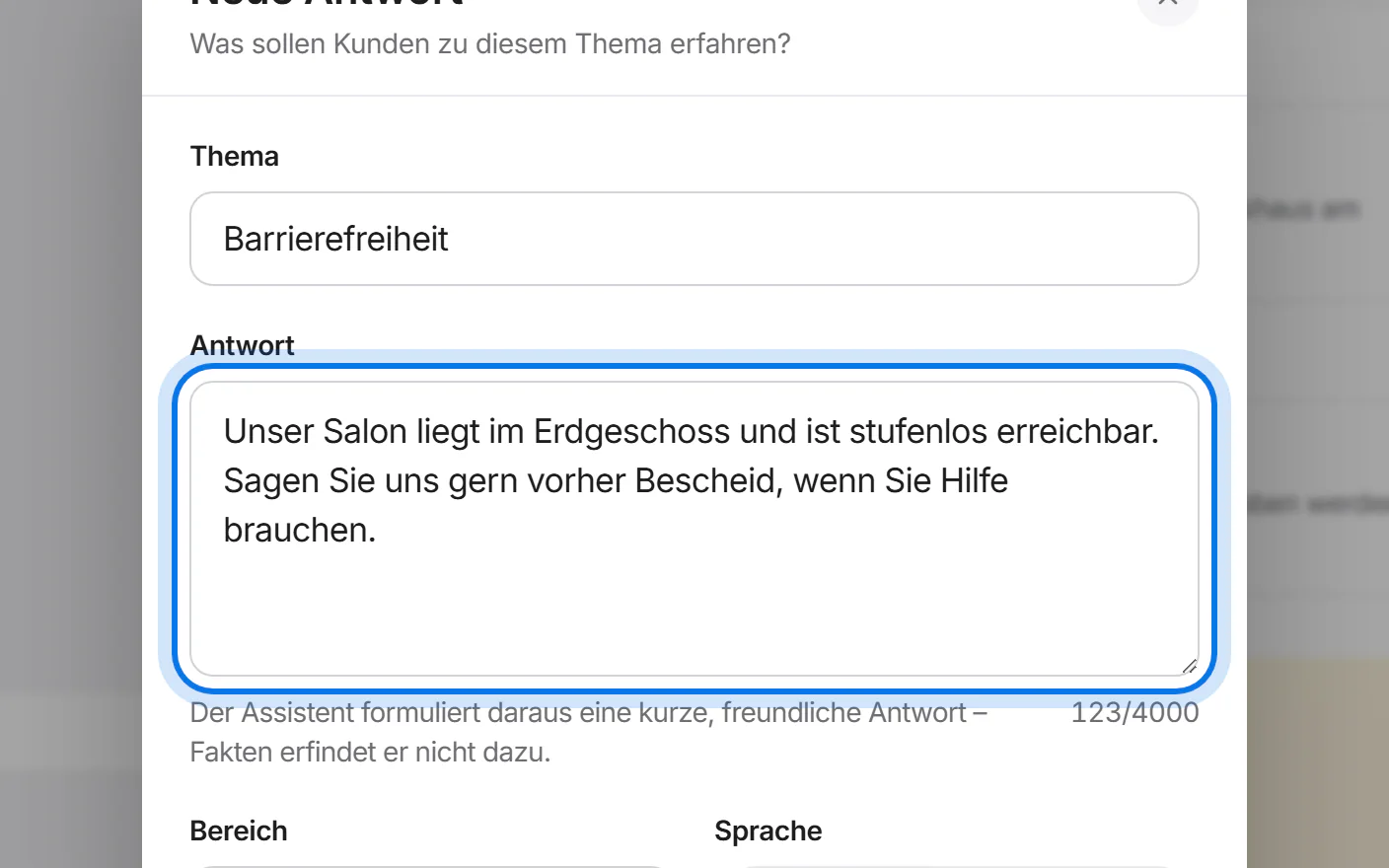 Fenster „Neue Antwort“: Thema „Barrierefreiheit“, die Antwort ist eingetragen und markiert.