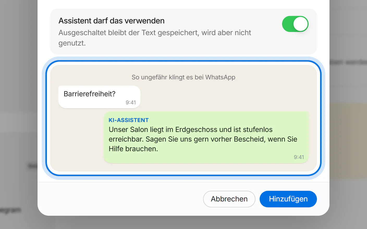 Vorschau im WhatsApp-Stil mit Kundenfrage und Antwort des KI-Assistenten, markiert.