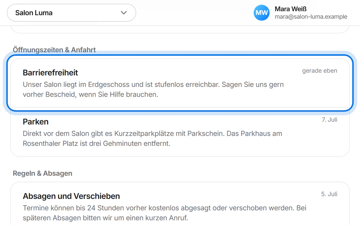 Die neue Antwort „Barrierefreiheit“ ist in der Liste markiert.