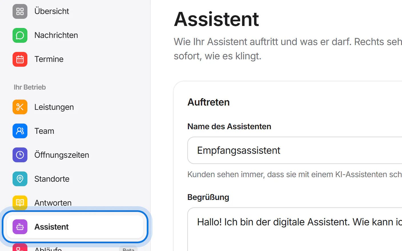 Menü des Kundenbereichs, der Eintrag „Assistent“ ist markiert.