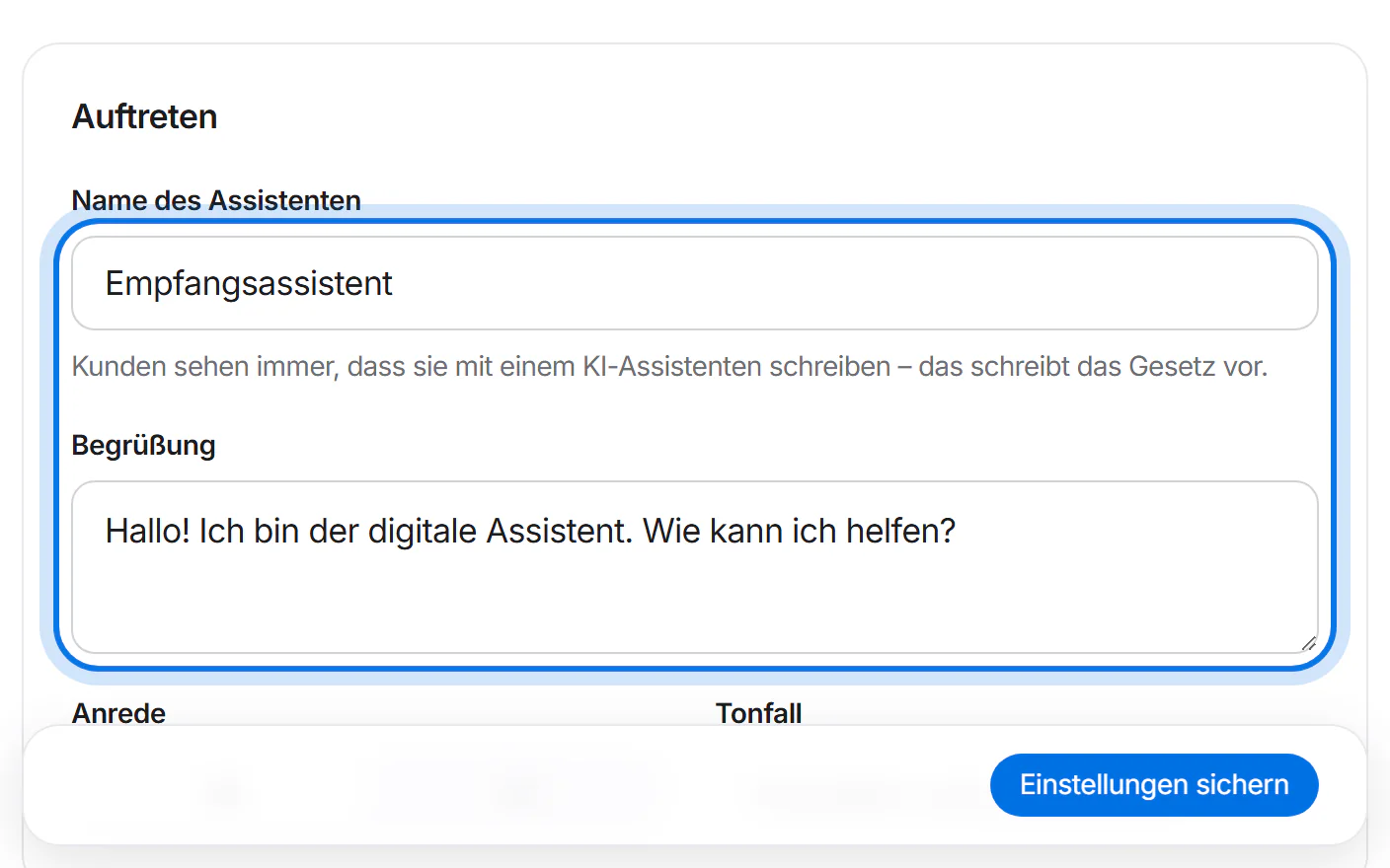 Die Felder „Name des Assistenten“ und „Begrüßung“ sind markiert.