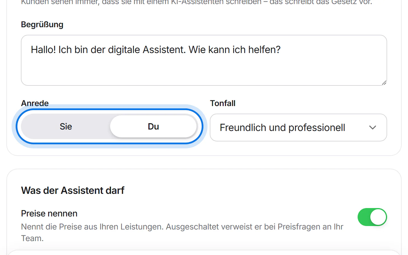 Auswahl „Anrede“ mit „Sie“ und „Du“; „Du“ ist gewählt und markiert.