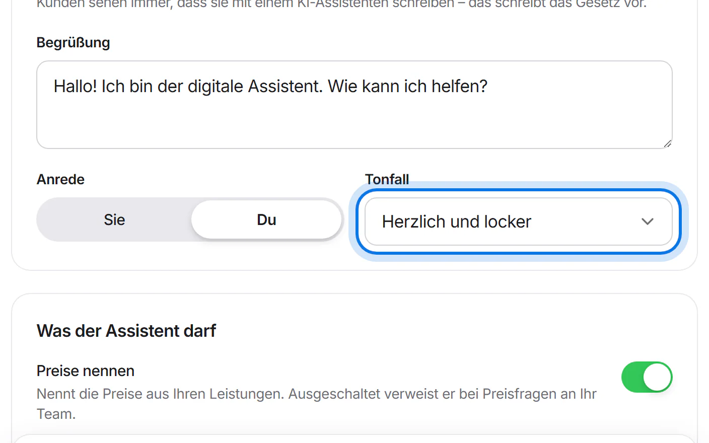 Die Auswahl „Tonfall“ mit „Herzlich und locker“ ist markiert.