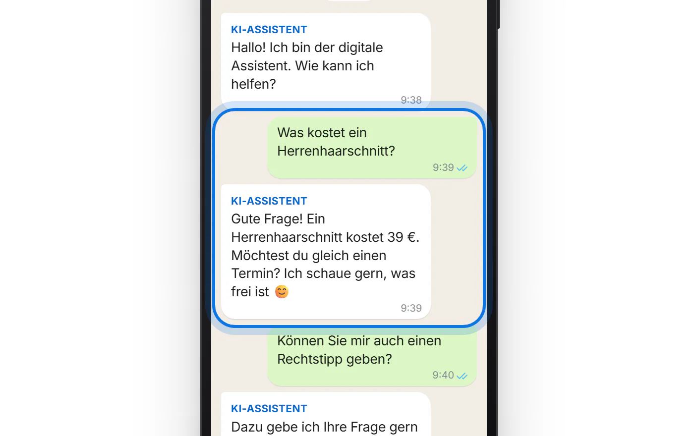 Vorschau im Handy: die Frage nach dem Preis und die Antwort im gewählten Ton, markiert.