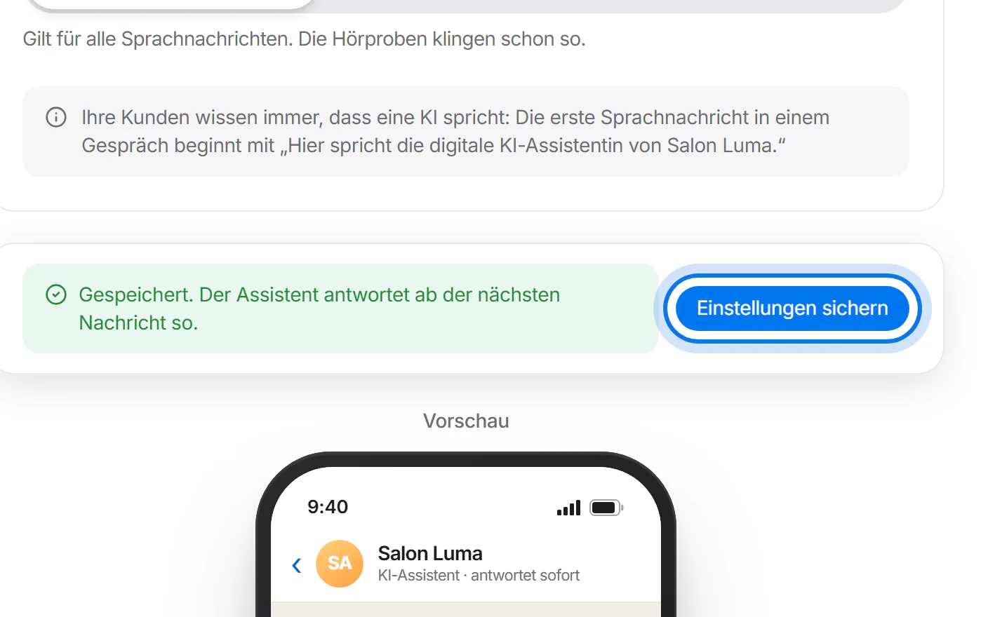 Grüne Meldung „Gespeichert“ neben dem markierten Knopf „Einstellungen sichern“.