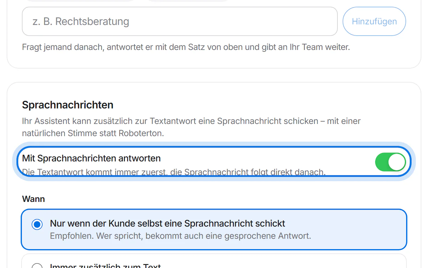 Bereich „Sprachnachrichten“ mit dem eingeschalteten Schalter „Mit Sprachnachrichten antworten“, markiert.