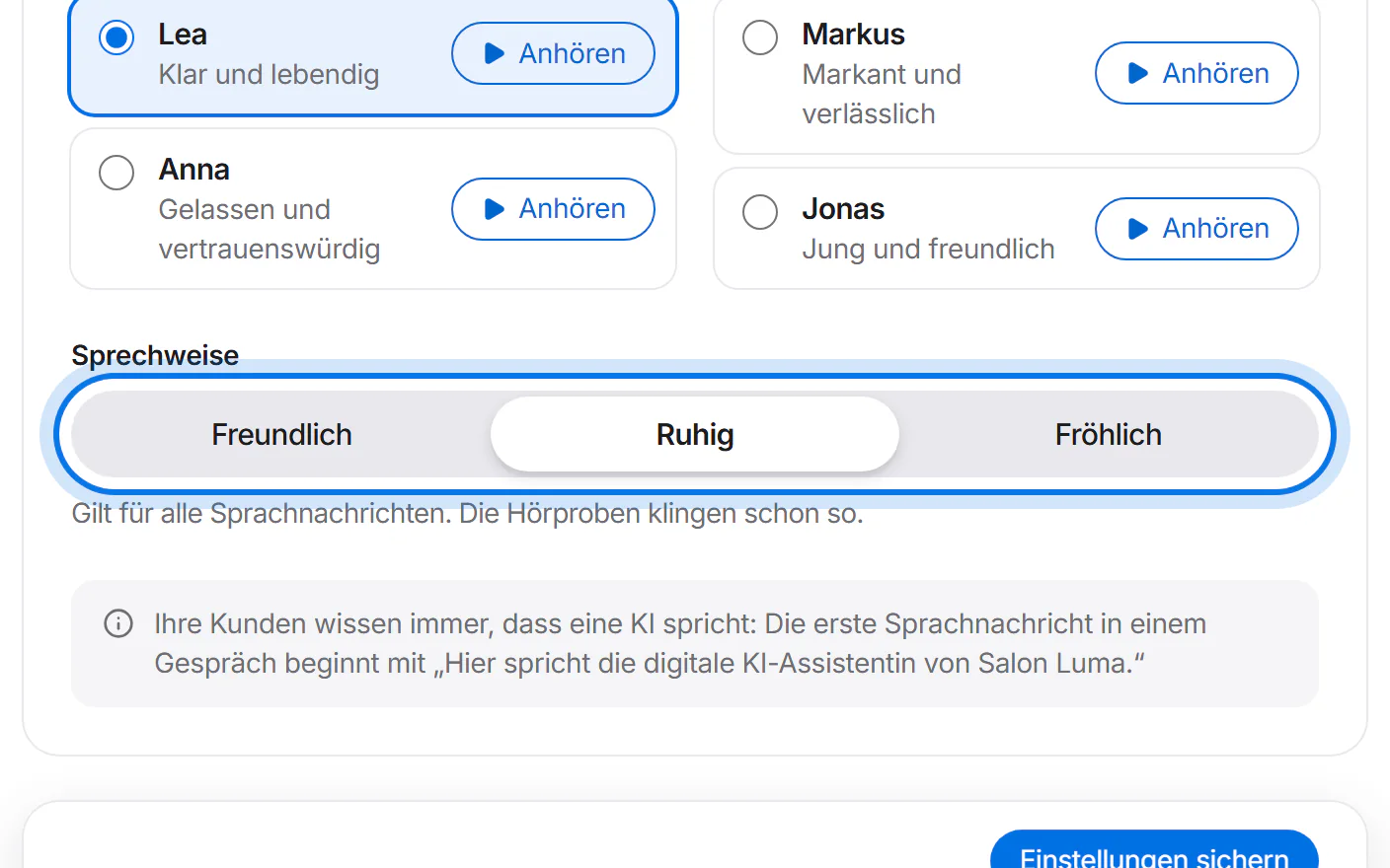 Die Auswahl „Sprechweise“ mit „Freundlich“, „Ruhig“ und „Fröhlich“, markiert.