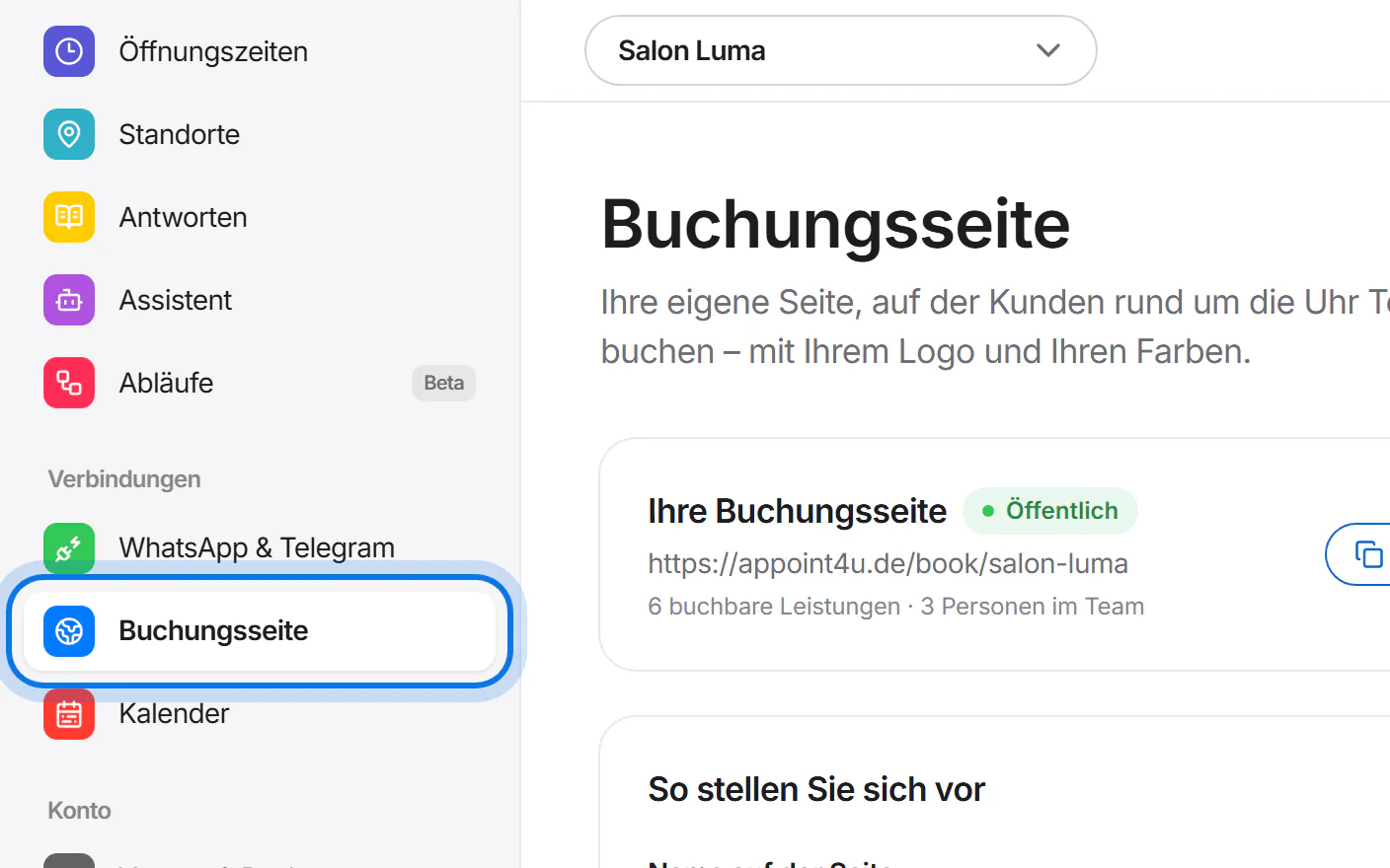Menü des Kundenbereichs, der Eintrag „Buchungsseite“ ist markiert.