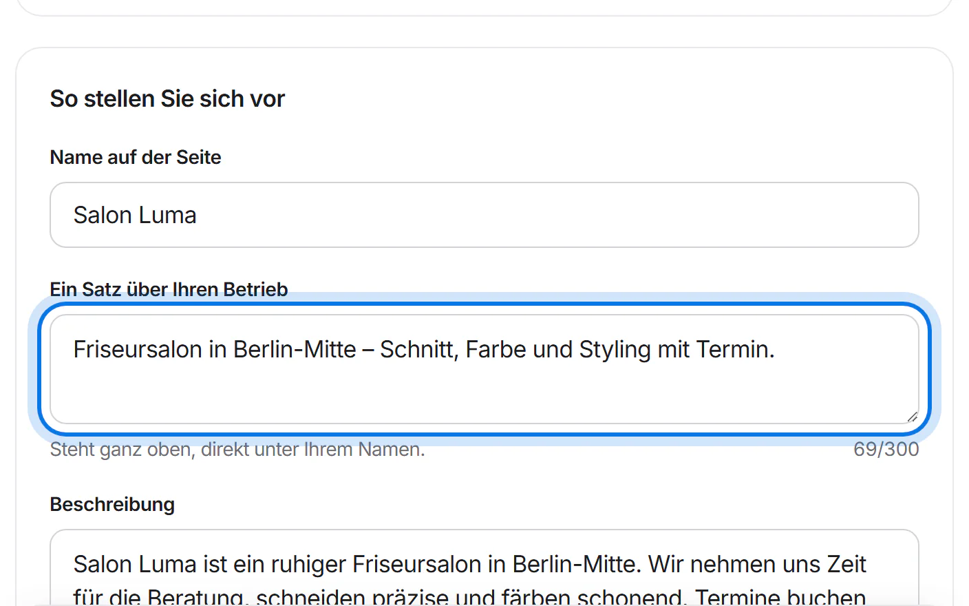 Das Feld „Ein Satz über Ihren Betrieb“ ist markiert.