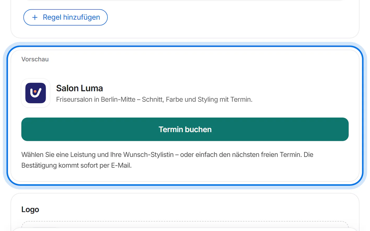 Vorschau der Buchungsseite mit Logo, Name und dem Knopf „Termin buchen“ in der neuen Farbe, markiert.