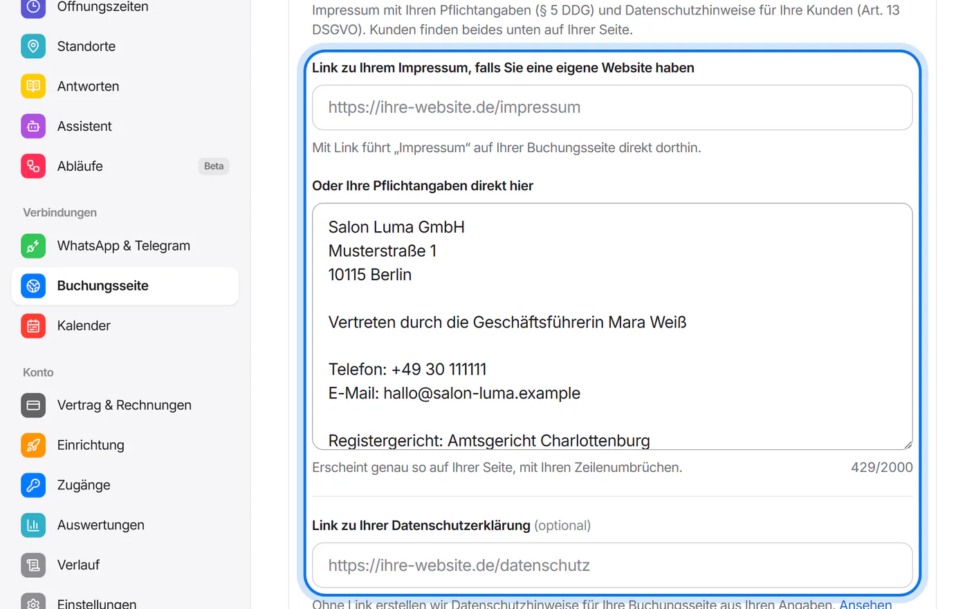 Bereich „Impressum und Datenschutz“ mit den Feldern für den Impressum-Link, die Pflichtangaben und den Link zur Datenschutzerklärung, markiert.