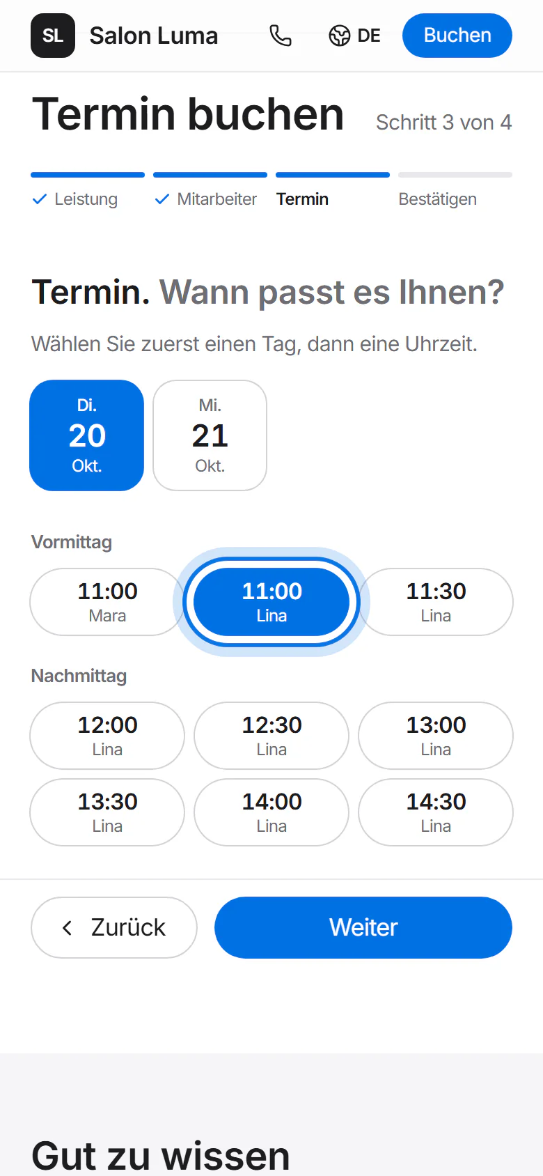 Schritt 3 von 4: ein Tag ist gewählt, eine freie Uhrzeit ist markiert.