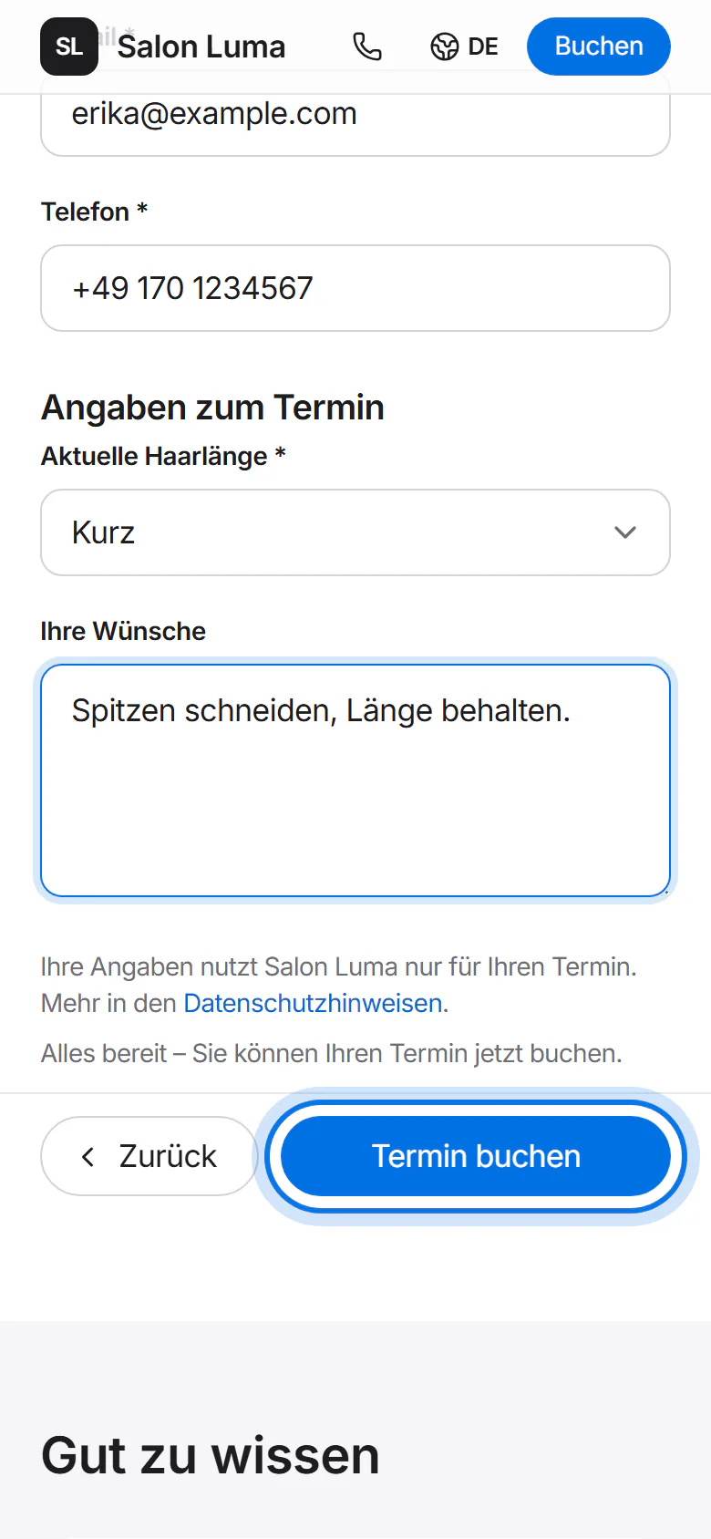 Schritt 4 von 4: ausgefüllte Angaben und der Hinweis zum Datenschutz; der Knopf „Termin buchen“ ist markiert.