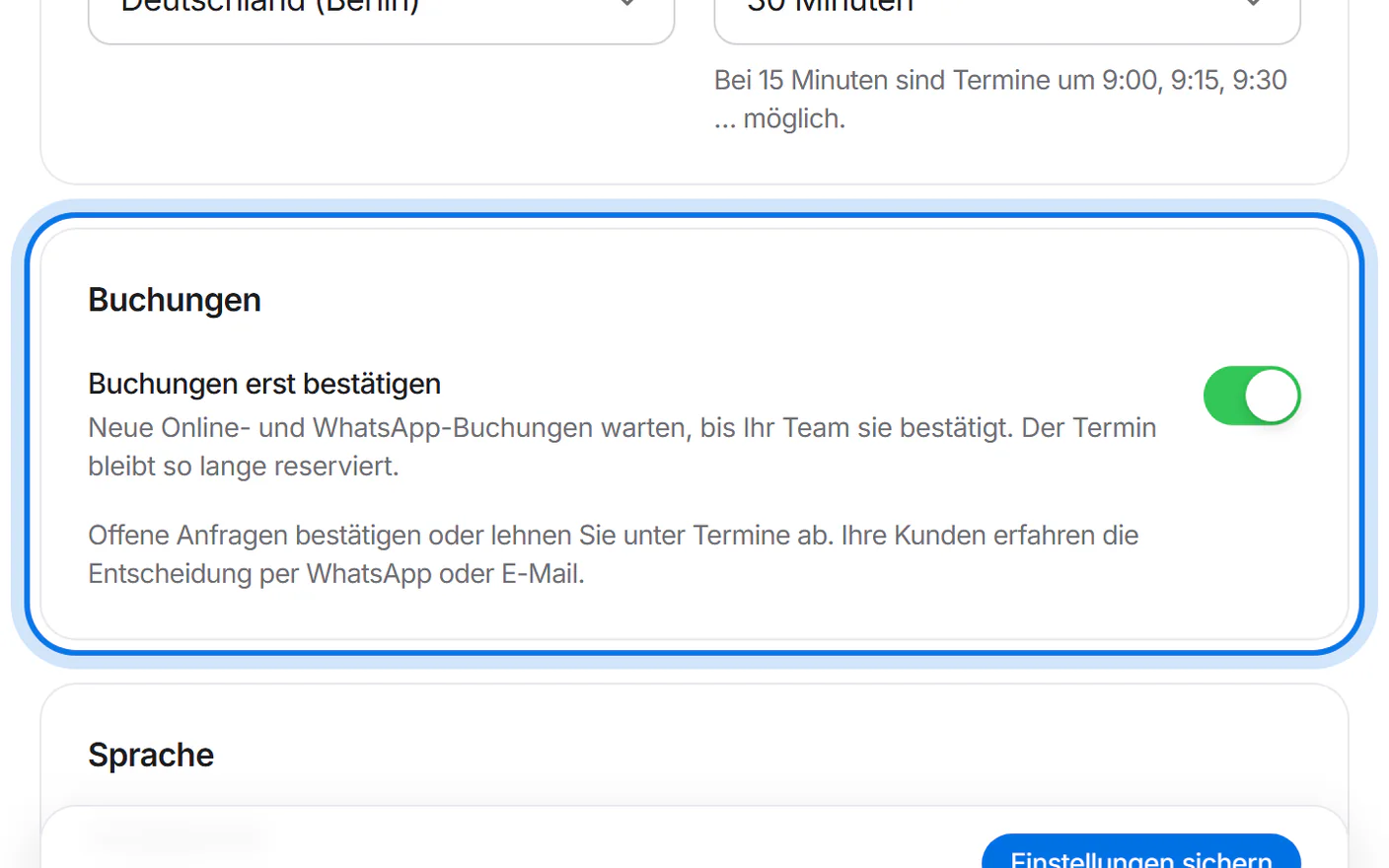 Bereich „Buchungen“ der Einstellungen, der eingeschaltete Schalter „Buchungen erst bestätigen“ ist markiert.