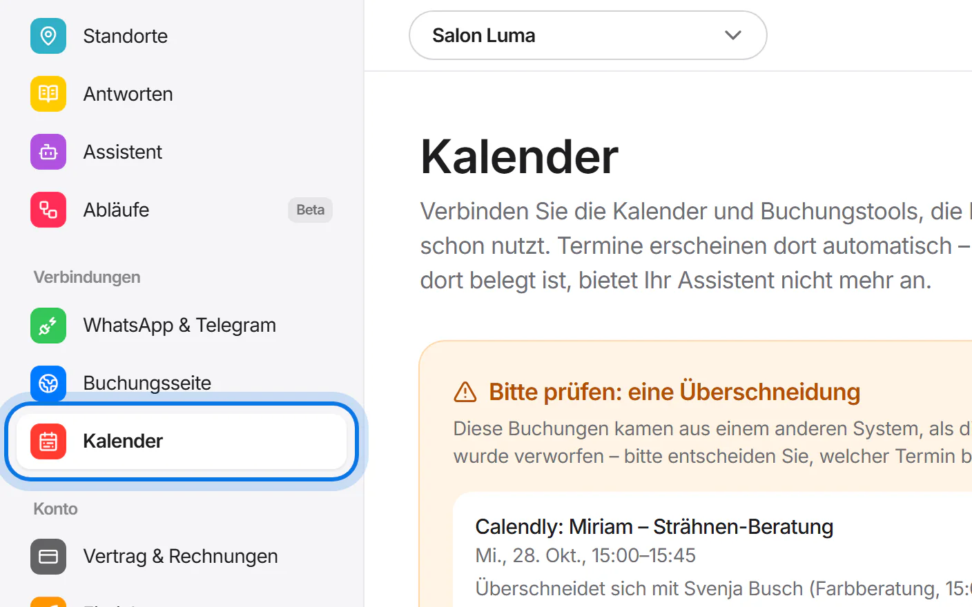 Menü des Kundenbereichs, der Eintrag „Kalender“ ist markiert.