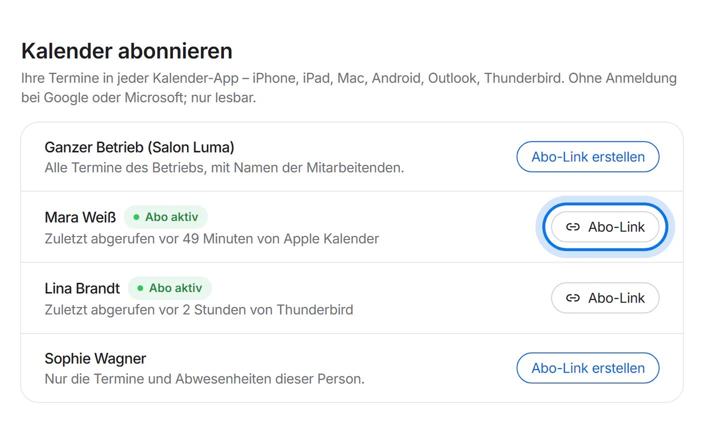 Bereich „Kalender abonnieren“ mit einer Zeile pro Person; der Knopf „Abo-Link“ ist markiert.