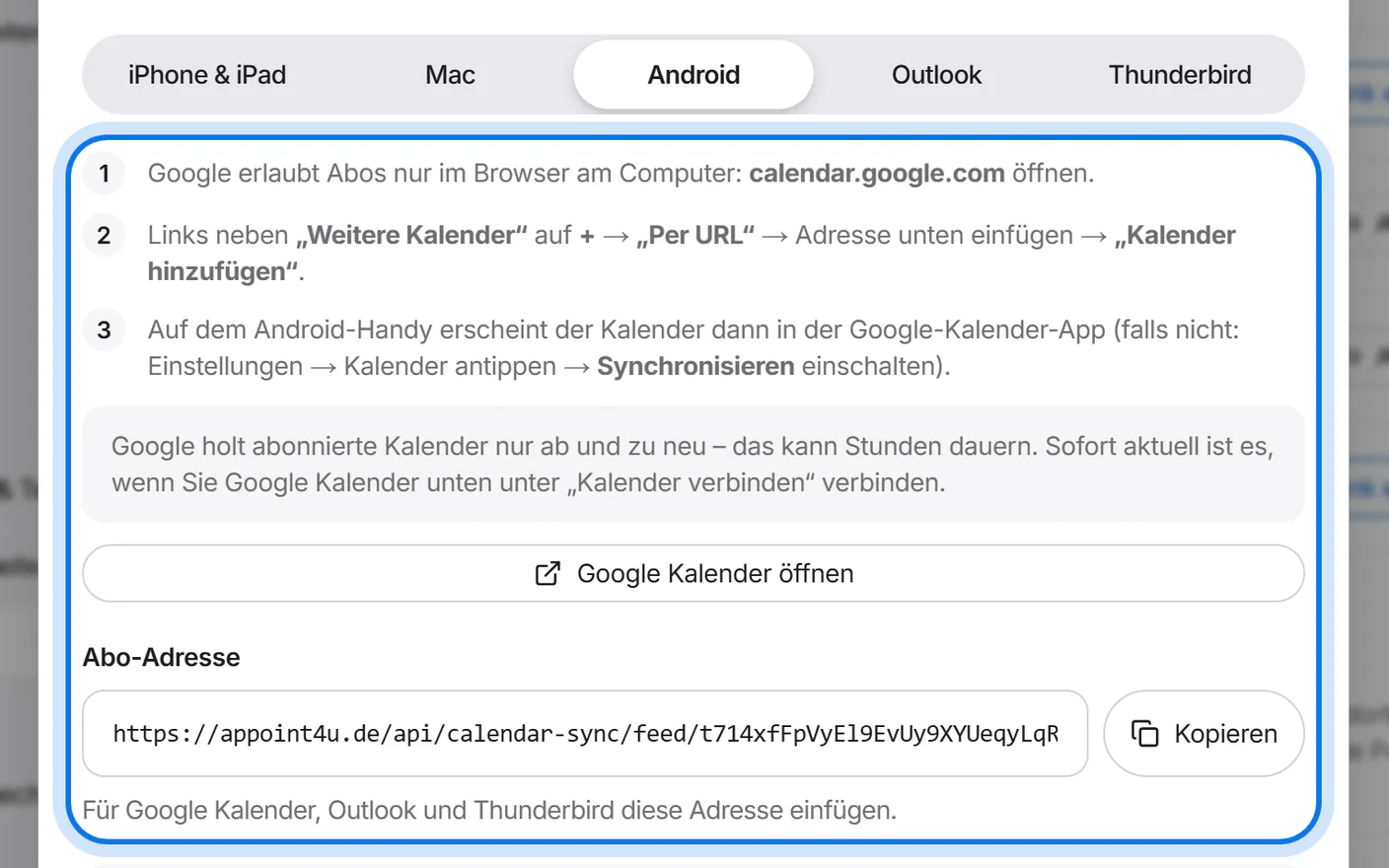 Reiter „Android“ mit den drei Schritten und dem Feld „Abo-Adresse“ mit dem Knopf zum Kopieren, markiert.