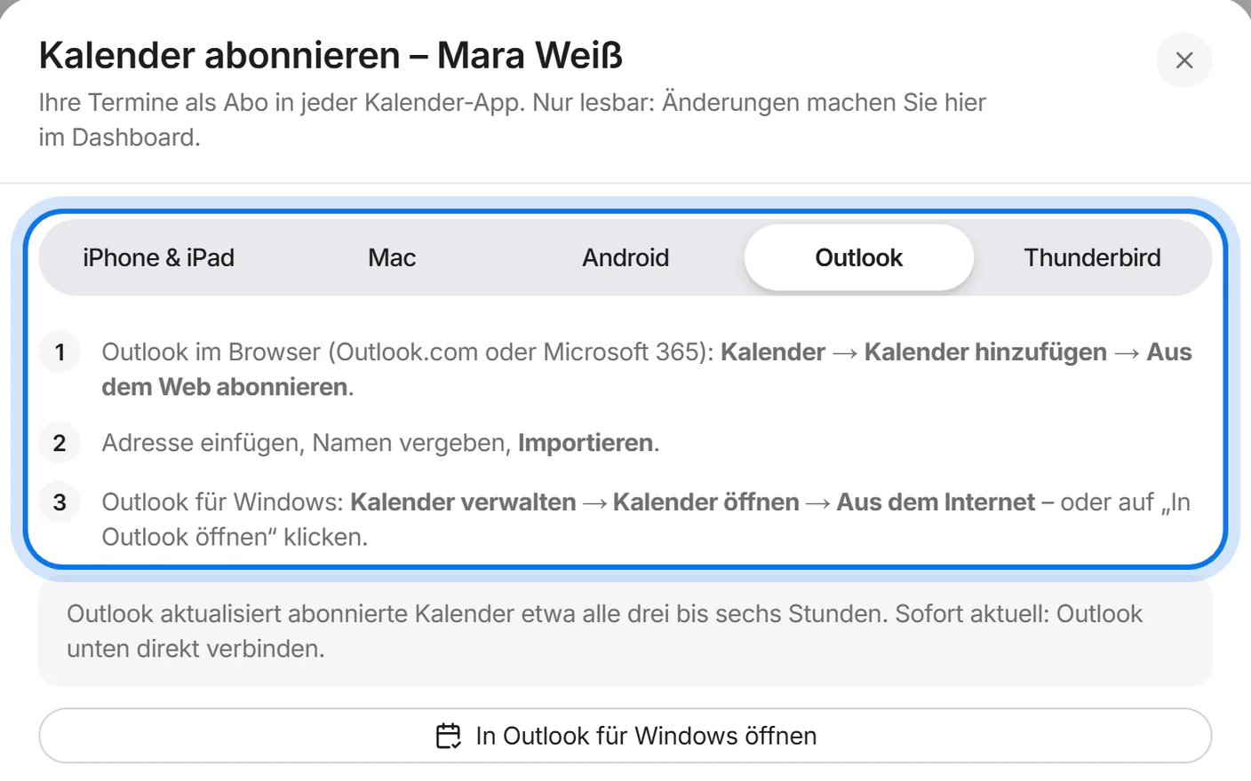 Reiter „Outlook“ mit den Schritten für Outlook im Browser und unter Windows, markiert.