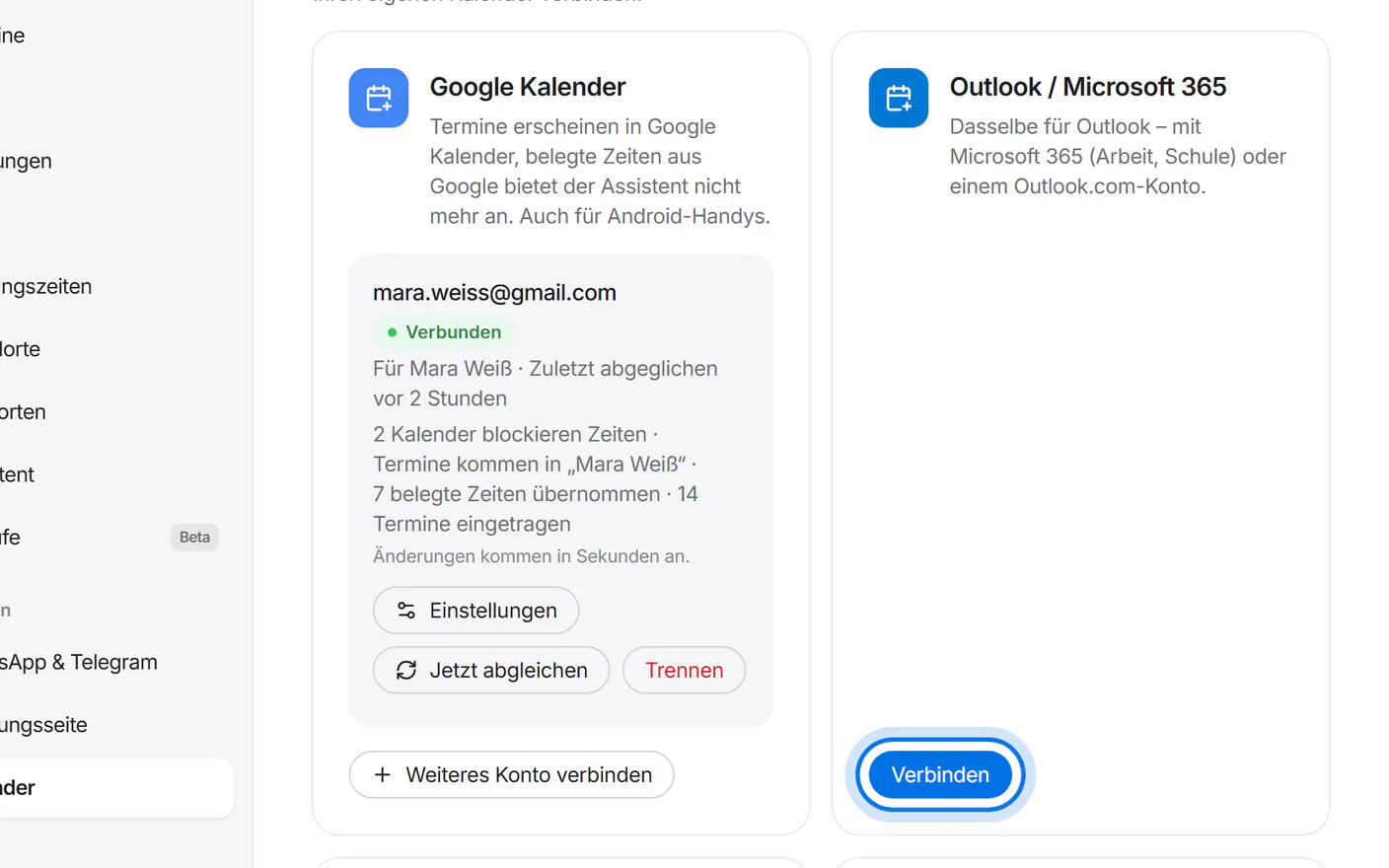 Die Karten „Google Kalender“ und „Outlook / Microsoft 365“; der Knopf „Verbinden“ ist markiert.