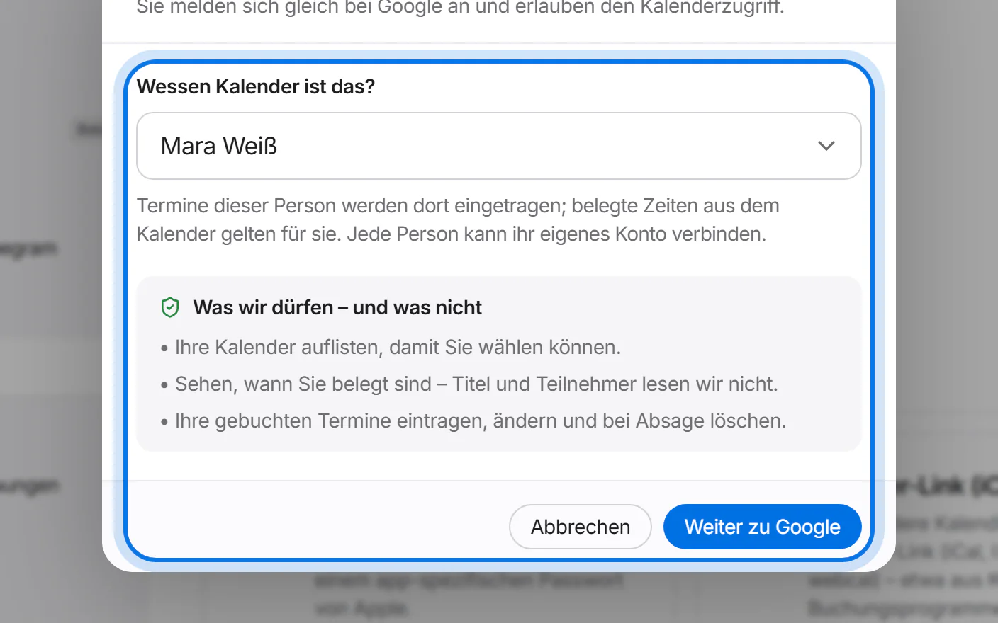 Fenster „Google Kalender verbinden“: die Auswahl der Person und der Knopf „Weiter zu Google“, markiert.