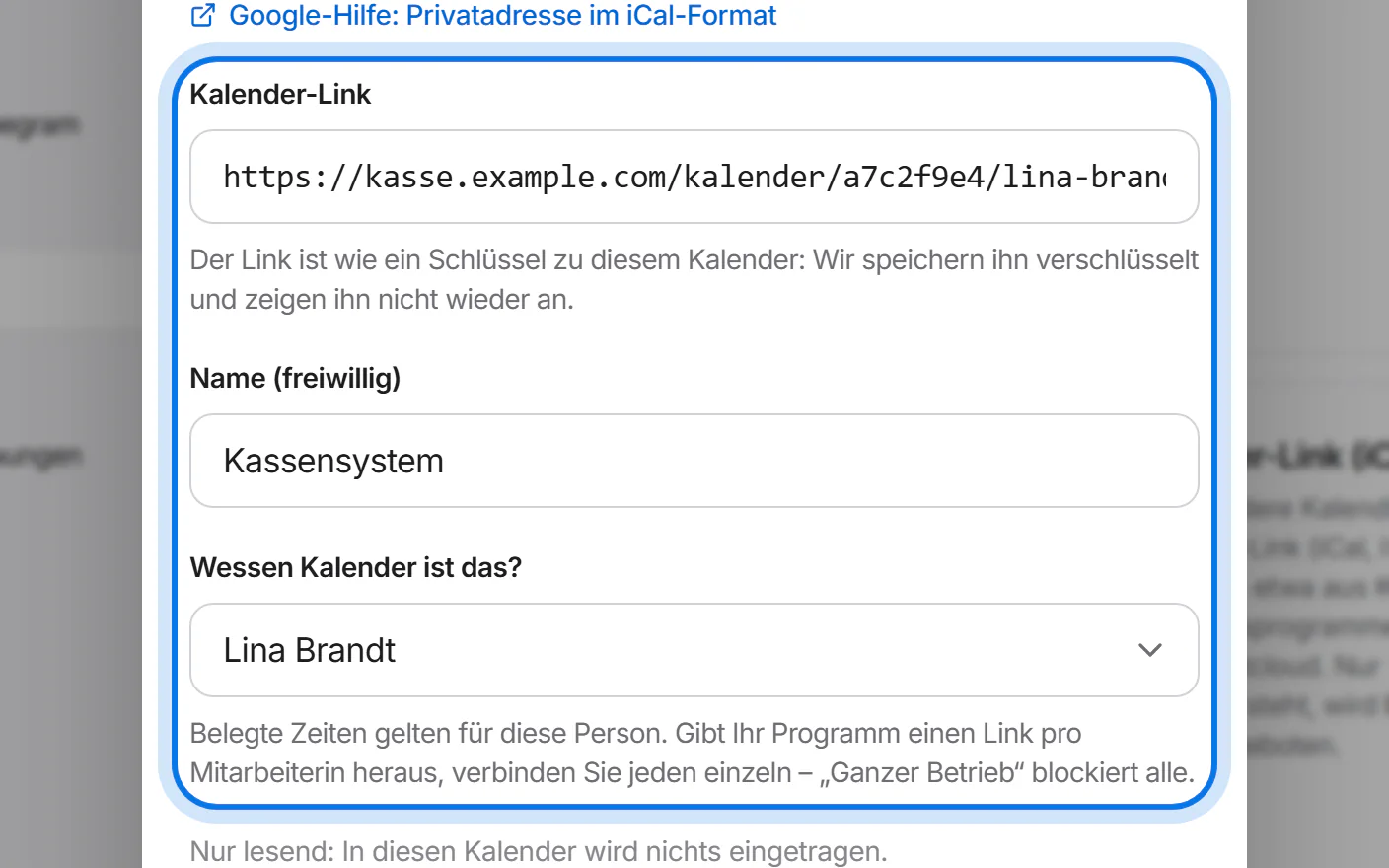 Fenster „Kalender per Link verbinden“: das Feld „Kalender-Link“ mit einem eingefügten Link und die Auswahl der Person, markiert.