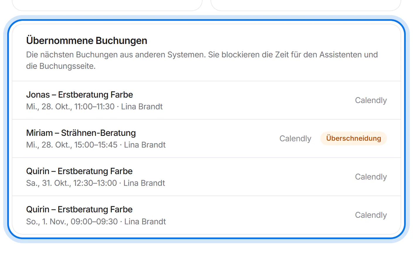 Liste „Übernommene Buchungen“ mit Buchungen aus Calendly, markiert.