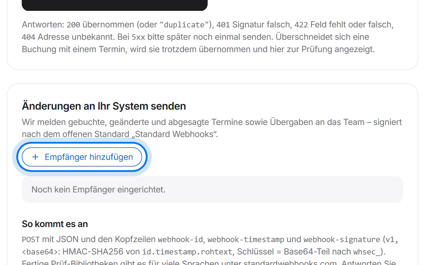 Bereich „Änderungen an Ihr System senden“ mit dem Knopf „Empfänger hinzufügen“, markiert.