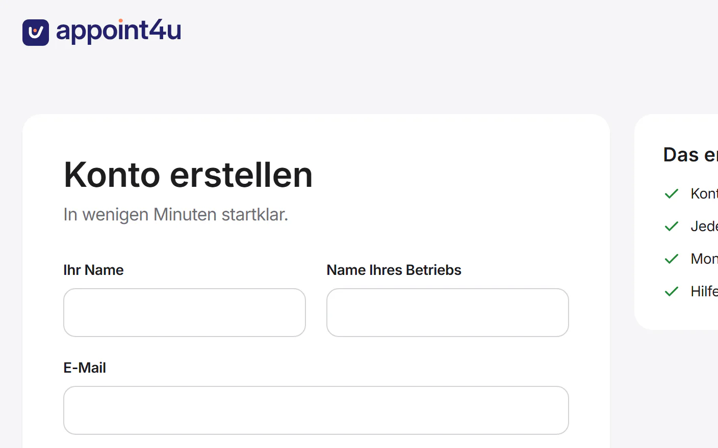 Die Seite „Konto erstellen“ mit den leeren Feldern für Ihren Namen und Ihren Betrieb.