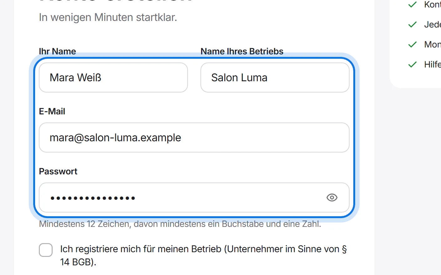 Ausgefülltes Formular: Name, Name des Betriebs, E-Mail und Passwort sind markiert.