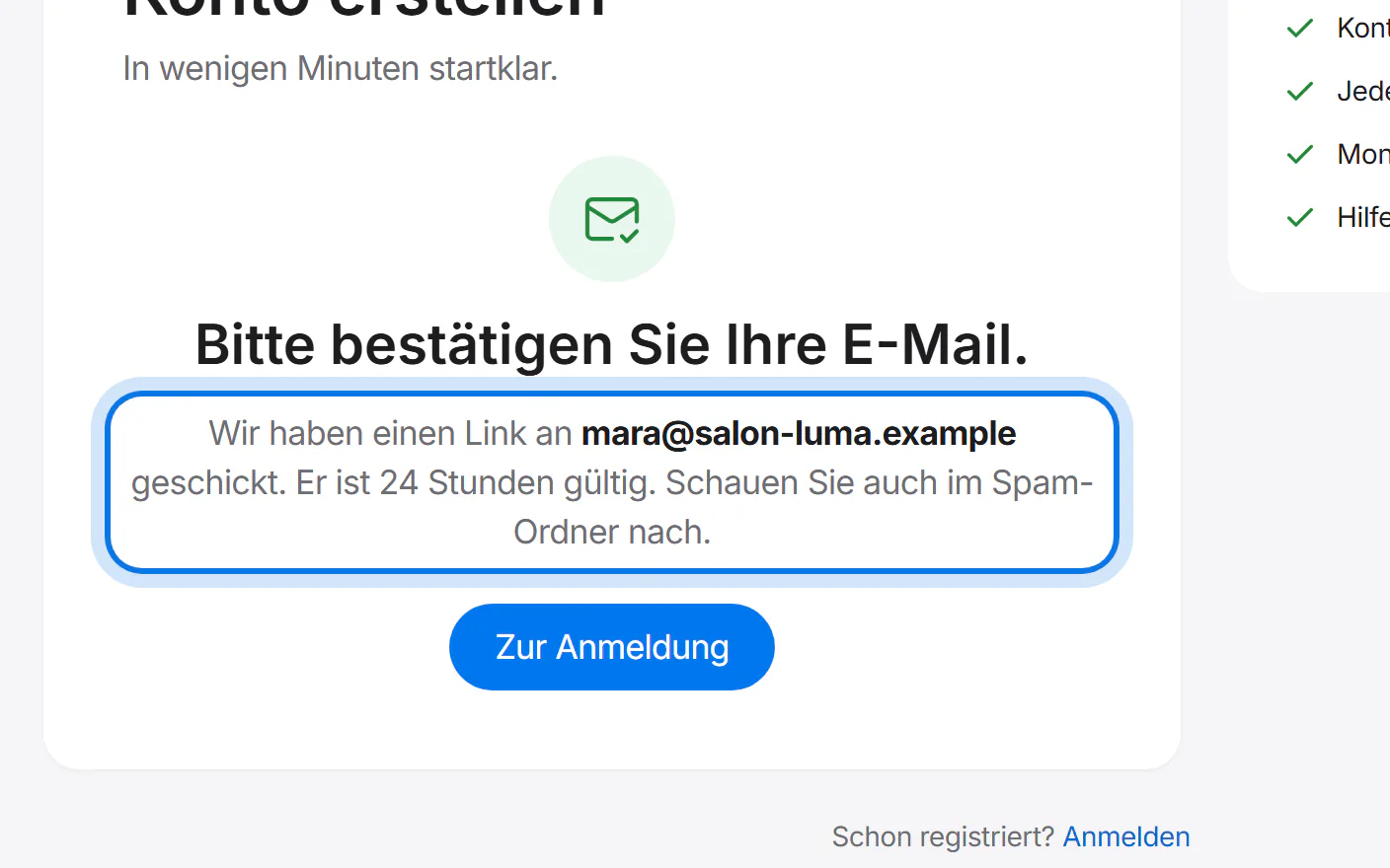 Hinweis „Bitte bestätigen Sie Ihre E-Mail.“ mit der Adresse, an die der Link ging.