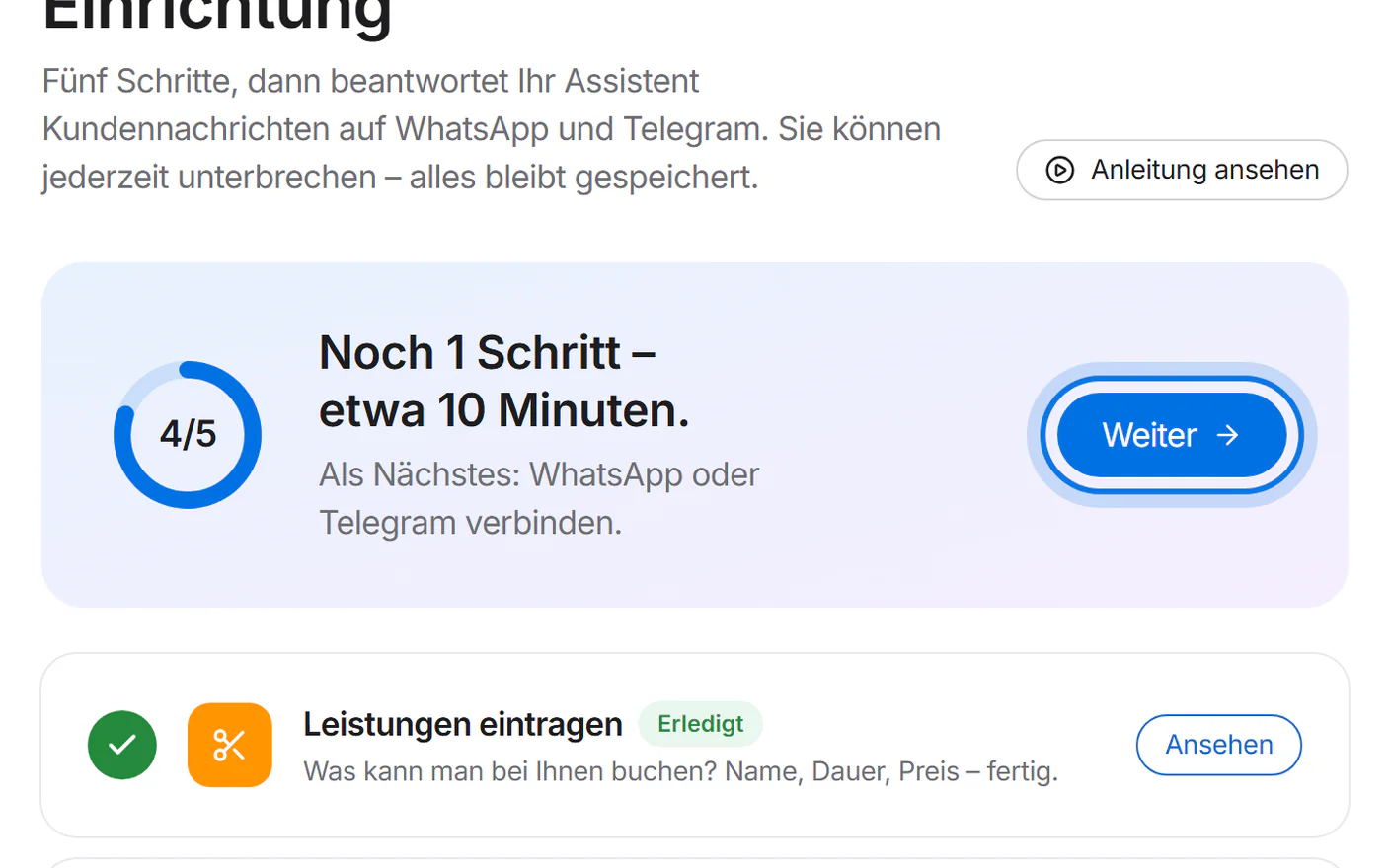 Die Einrichtung mit Fortschrittsring und markiertem Knopf „Weiter“.