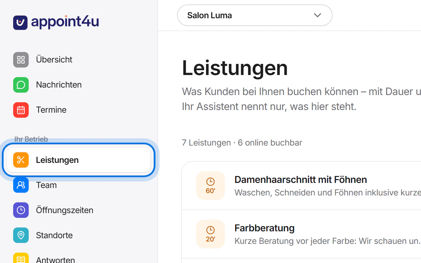 Menü des Kundenbereichs, der Eintrag „Leistungen“ ist markiert.