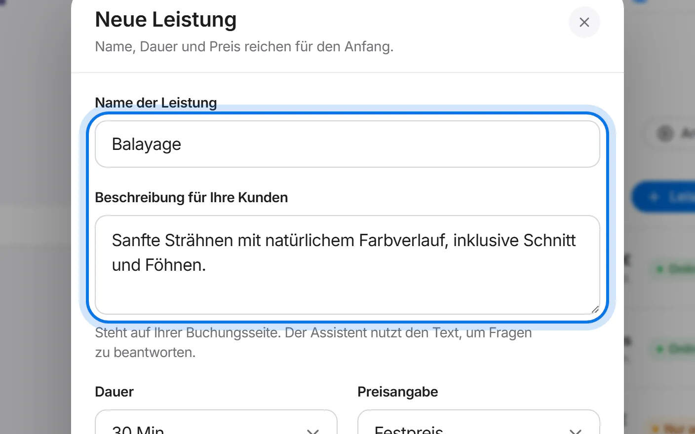 Fenster „Neue Leistung“: Name „Balayage“ und die Beschreibung sind ausgefüllt und markiert.