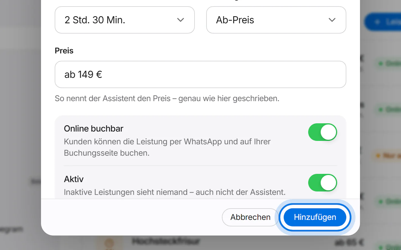 Unten im Fenster ist der Knopf „Hinzufügen“ markiert.