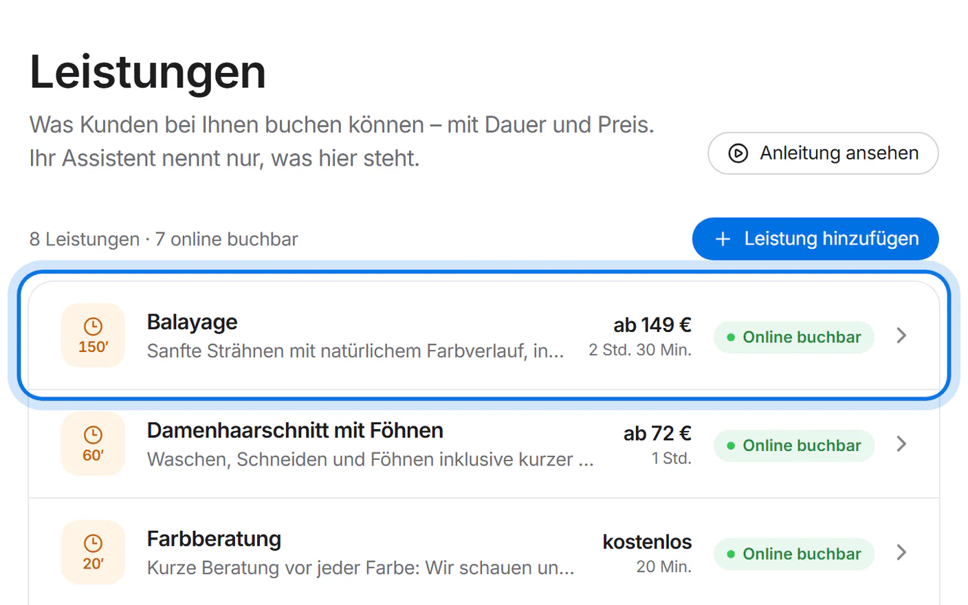 Die neue Leistung „Balayage“ steht markiert oben in der Liste.