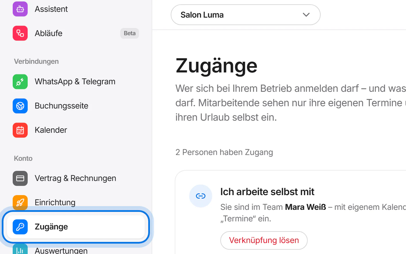 Menü des Kundenbereichs, der Eintrag „Zugänge“ ist markiert.