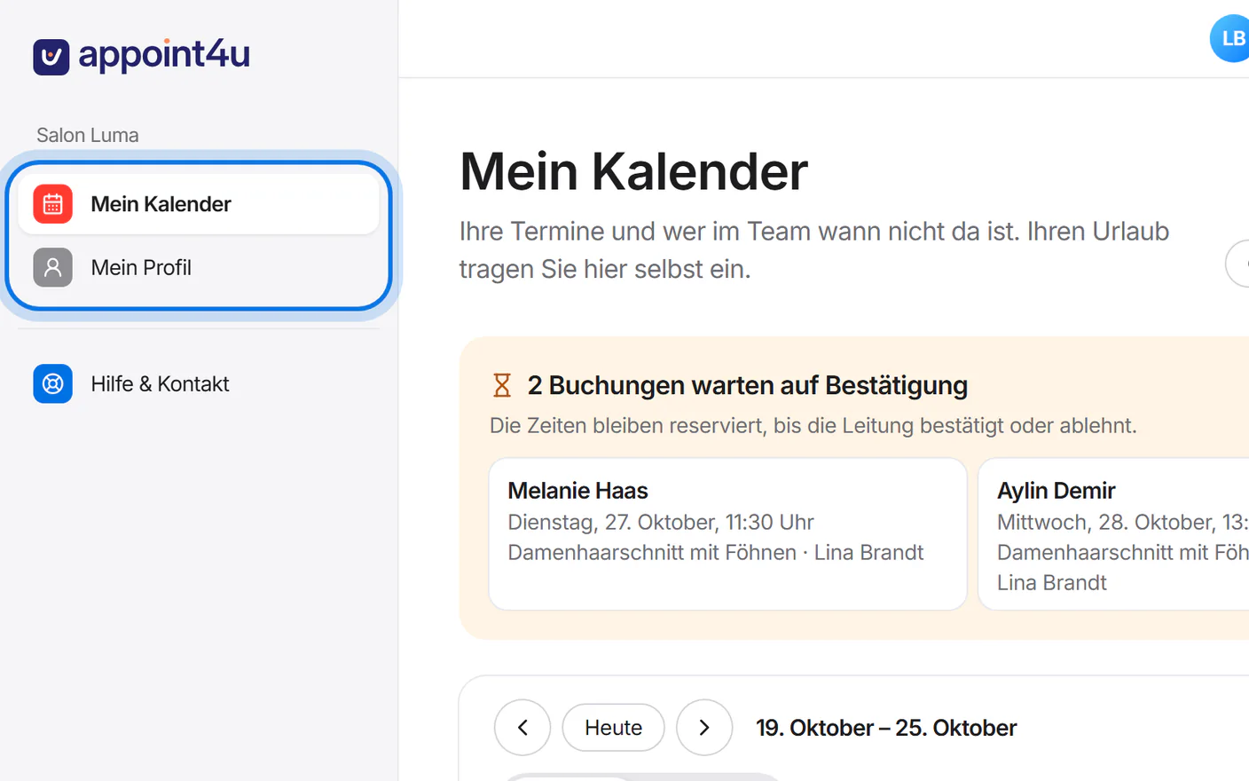 Kundenbereich einer Mitarbeiterin: im Menü nur „Mein Kalender“ und „Mein Profil“, markiert.