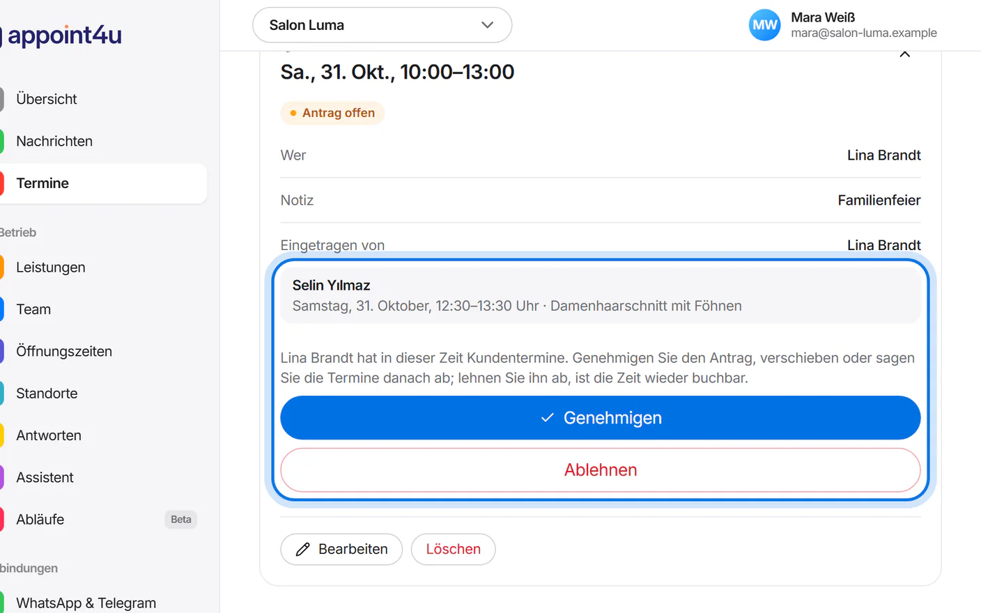Details des Antrags mit dem betroffenen Kundentermin und den Knöpfen „Genehmigen“ und „Ablehnen“, markiert.