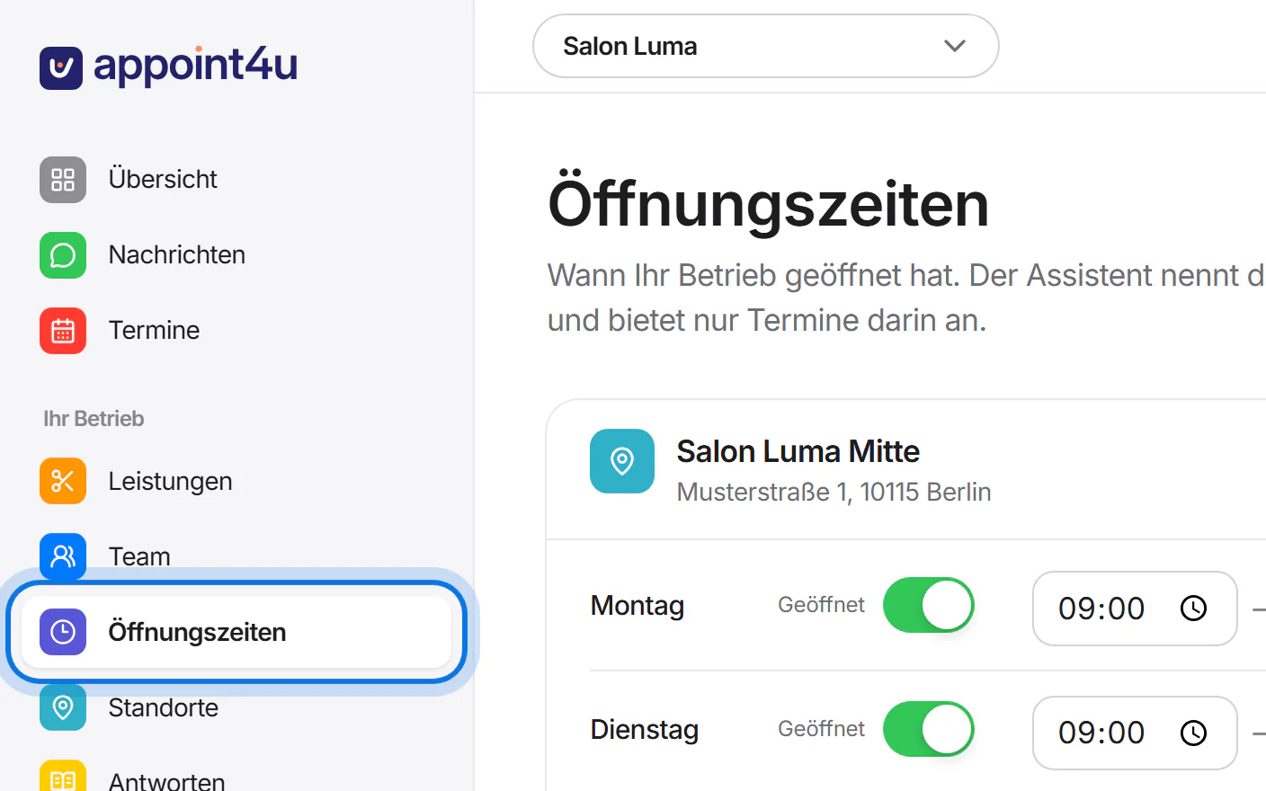 Menü des Kundenbereichs, der Eintrag „Öffnungszeiten“ ist markiert.