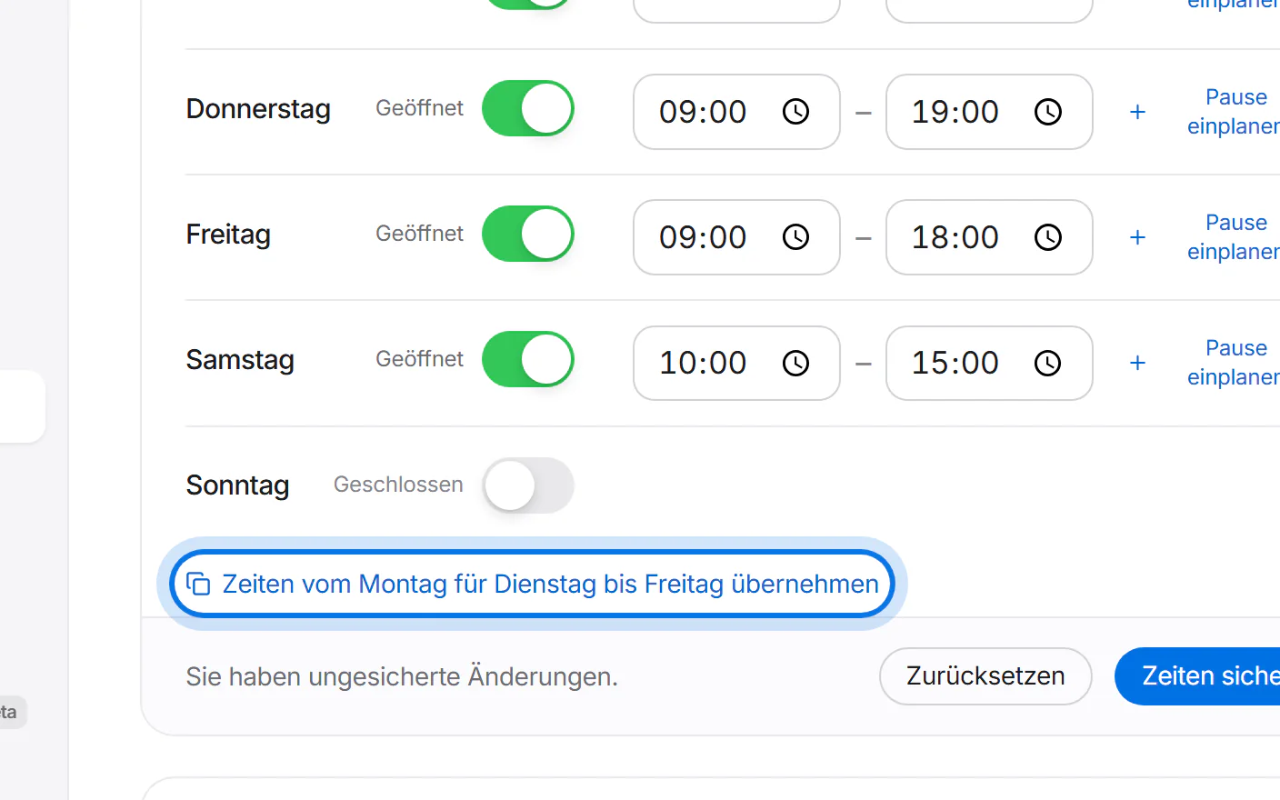 Der Link „Zeiten vom Montag für Dienstag bis Freitag übernehmen“ ist markiert.