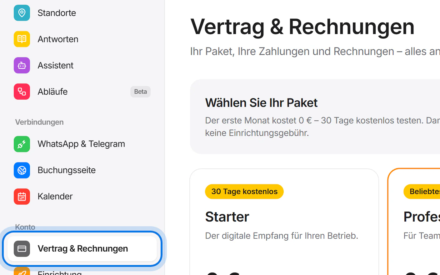 Menü des Kundenbereichs, der Eintrag „Vertrag & Rechnungen“ ist markiert.