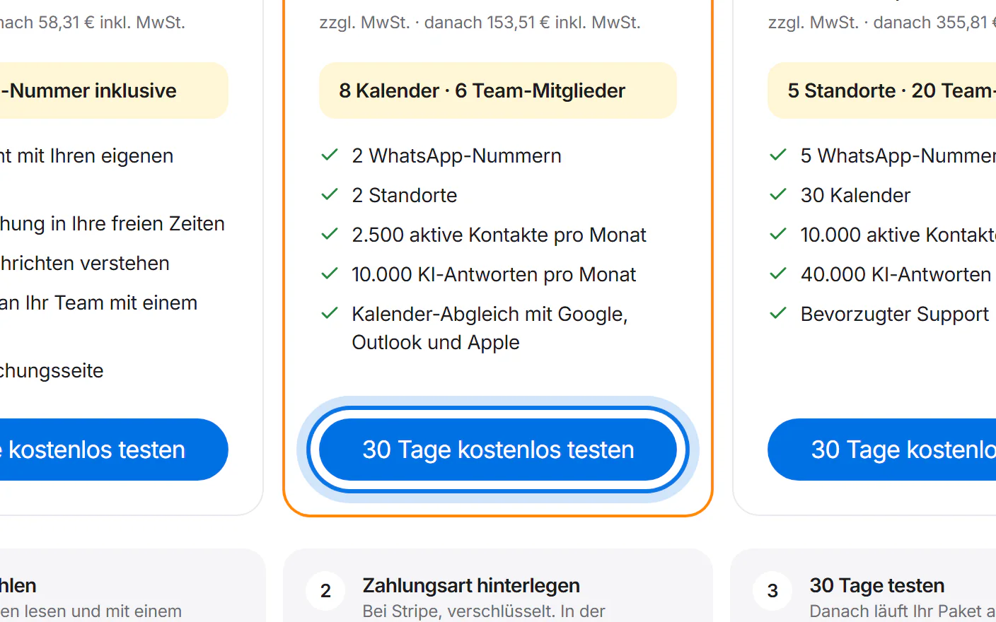 Ein Paket mit seinen Leistungen; der Knopf „30 Tage kostenlos testen“ ist markiert.