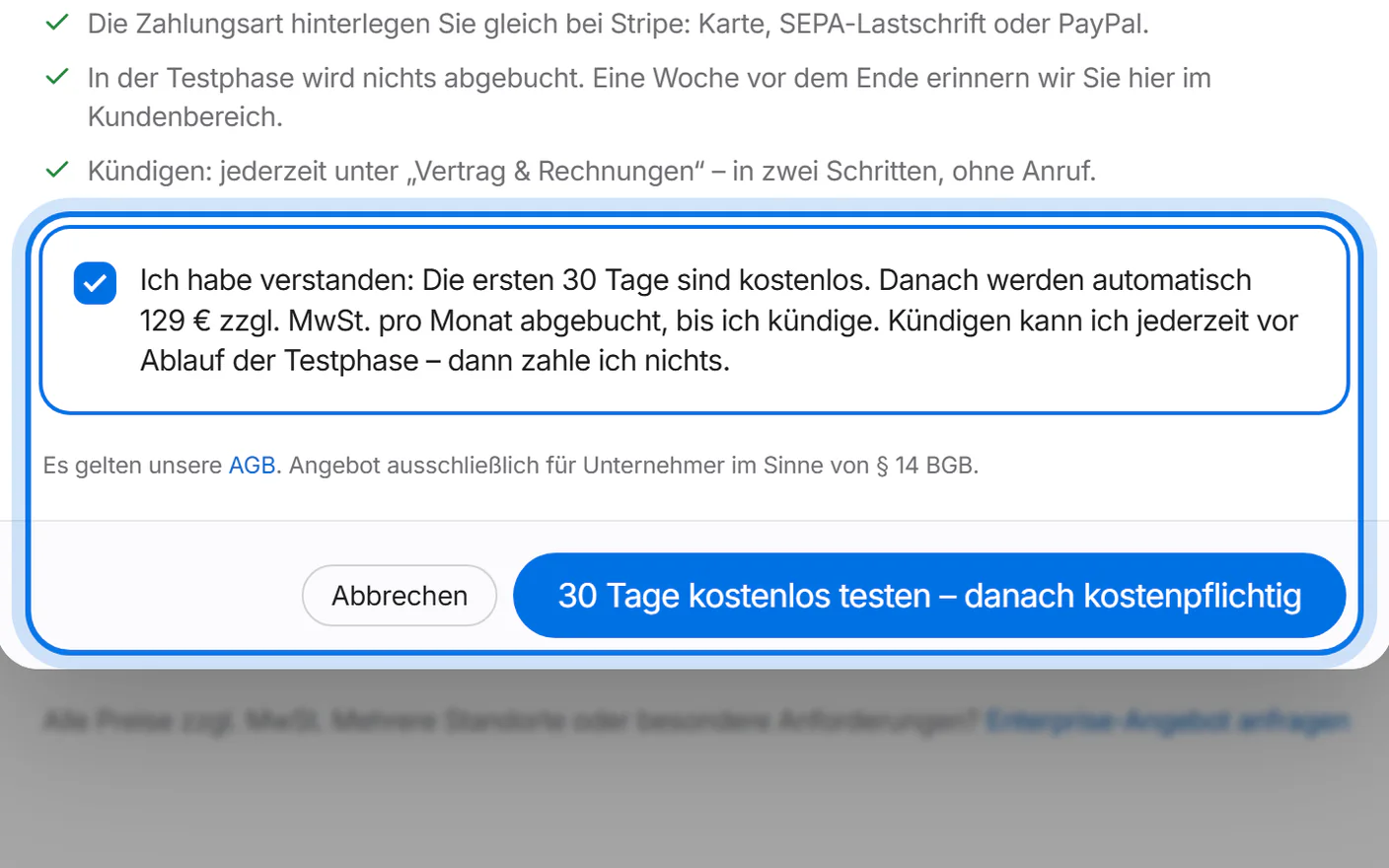 Fenster mit den Bedingungen: das Häkchen und der Knopf zum Bestätigen sind markiert.