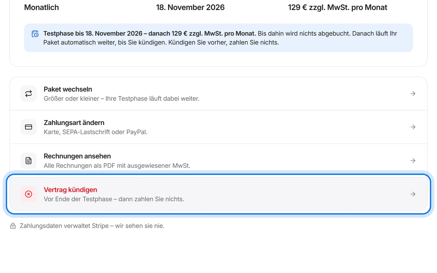 Liste mit „Paket wechseln“, „Zahlungsart ändern“, „Rechnungen ansehen“ und dem markierten „Vertrag kündigen“.
