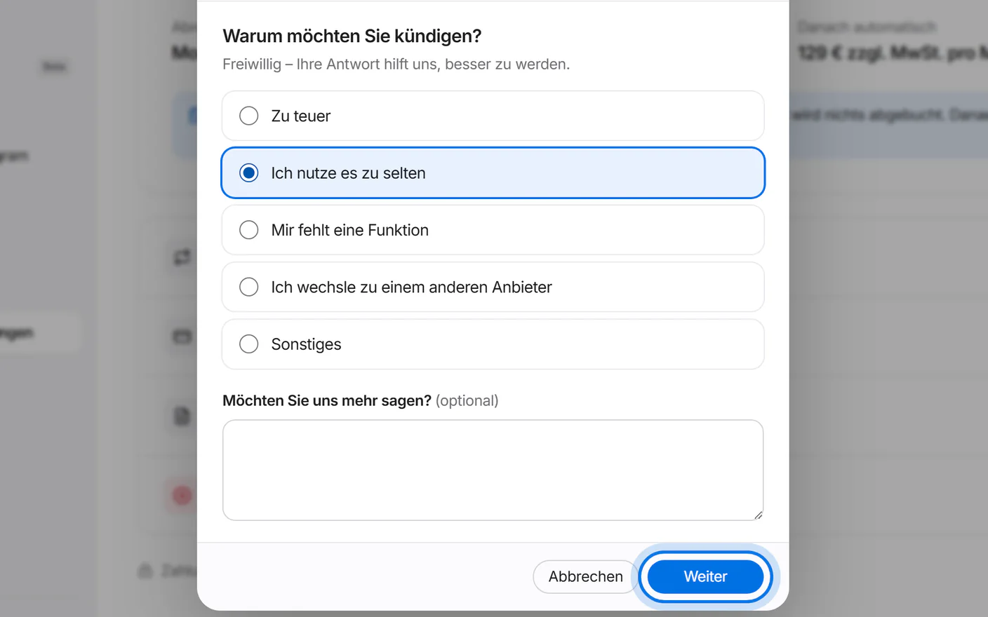 Schritt 1 von 2: Auswahl der Gründe und der markierte Knopf „Weiter“.