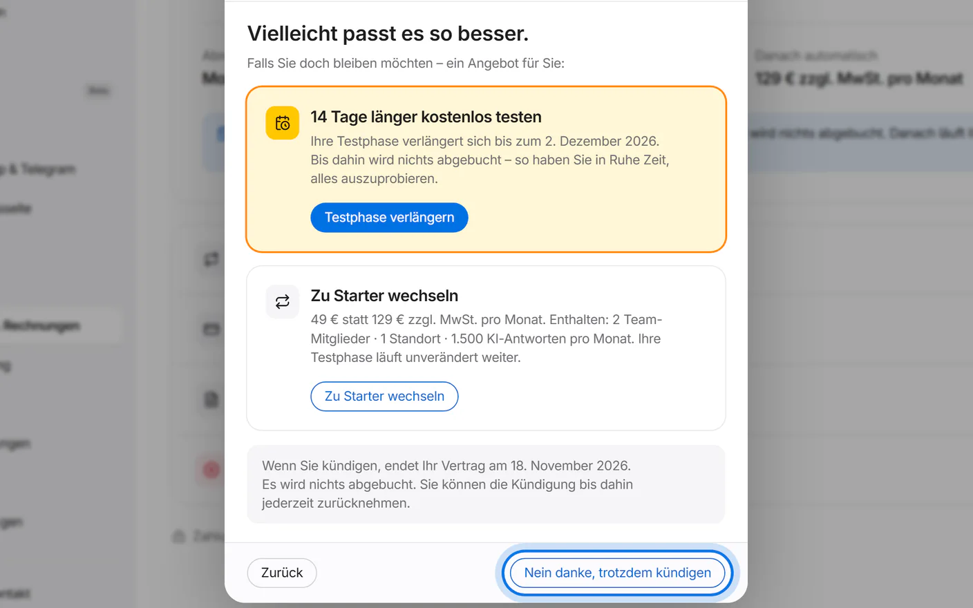 Schritt 2 von 2: ein Angebot zum Bleiben und der markierte Knopf „Nein danke, trotzdem kündigen“.