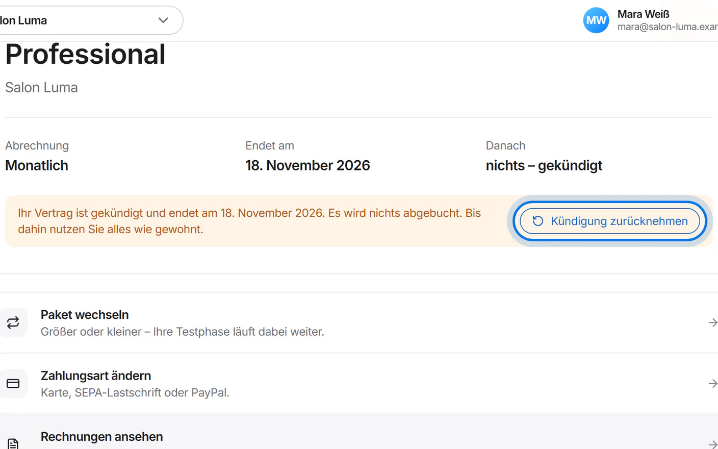 Hinweis „Ihr Vertrag ist gekündigt …“ mit dem markierten Knopf „Kündigung zurücknehmen“.