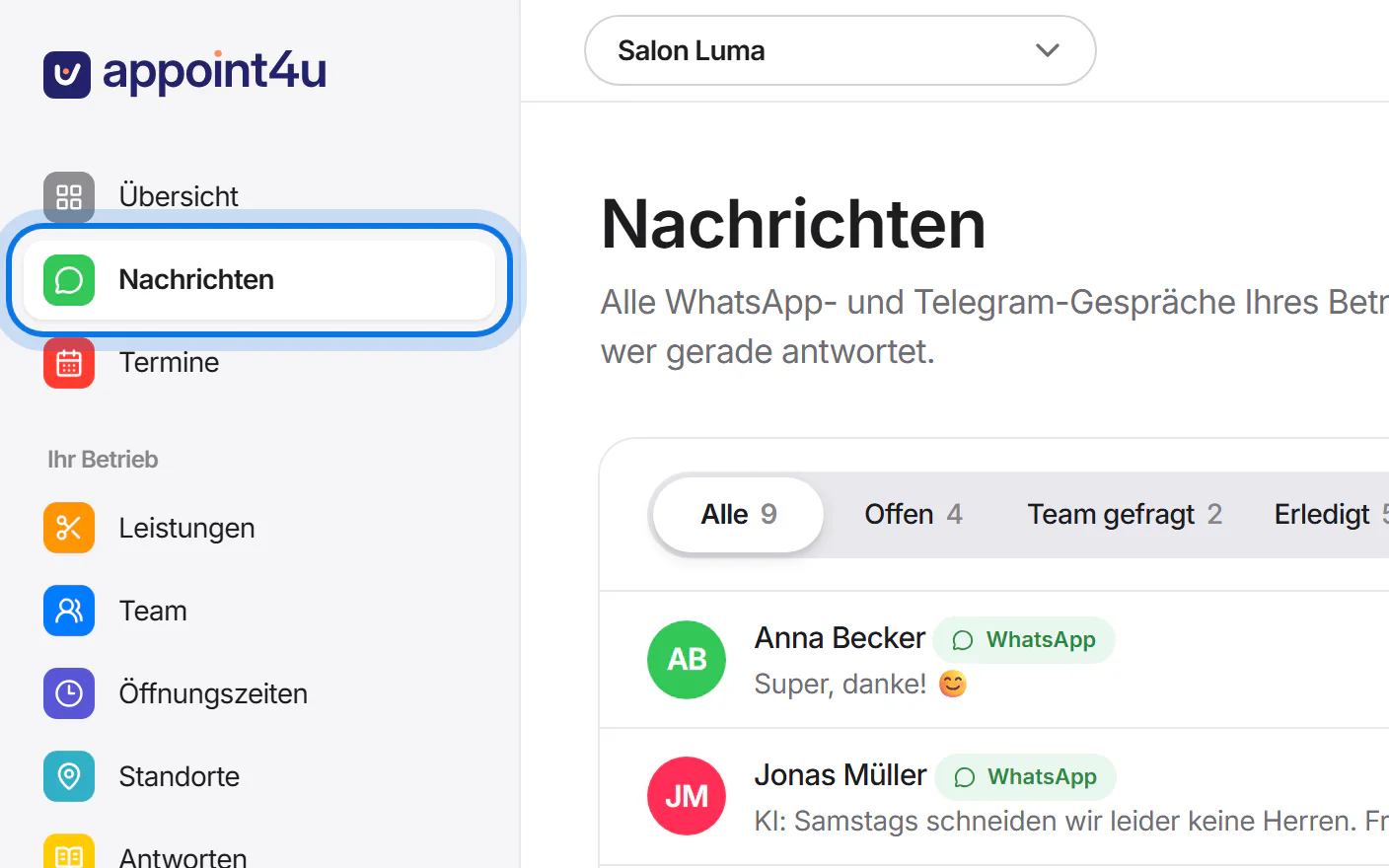 Menü des Kundenbereichs, der Eintrag „Nachrichten“ ist markiert.